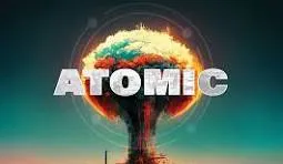 "Explosão estilizada com o texto 'Atomic' em destaque, transmitindo uma sensação de poder e impacto."